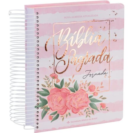 Biblia Em Portugués NA083Jr Tapa Dura Espiral Flores Fondo Rosa Canto Pintado Bronce