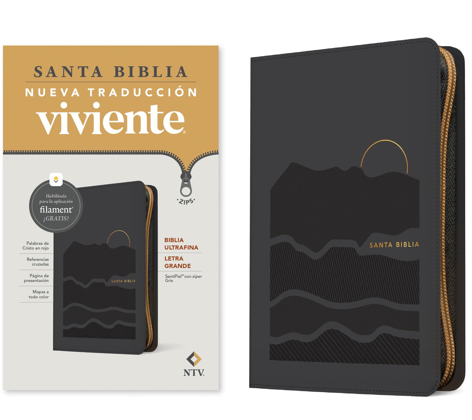 Biblia NTV Ultrafina Letra Grande con Filament Símil Piel Gris Letra Roja Cierre