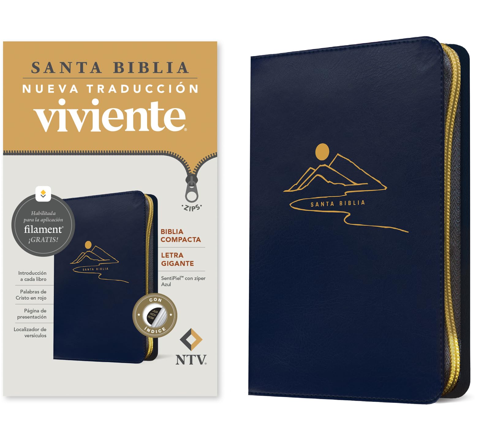 Biblia NTV Compacta Letra Gigante con Filament Símil Piel Azul Índice Letra Roja Cierre