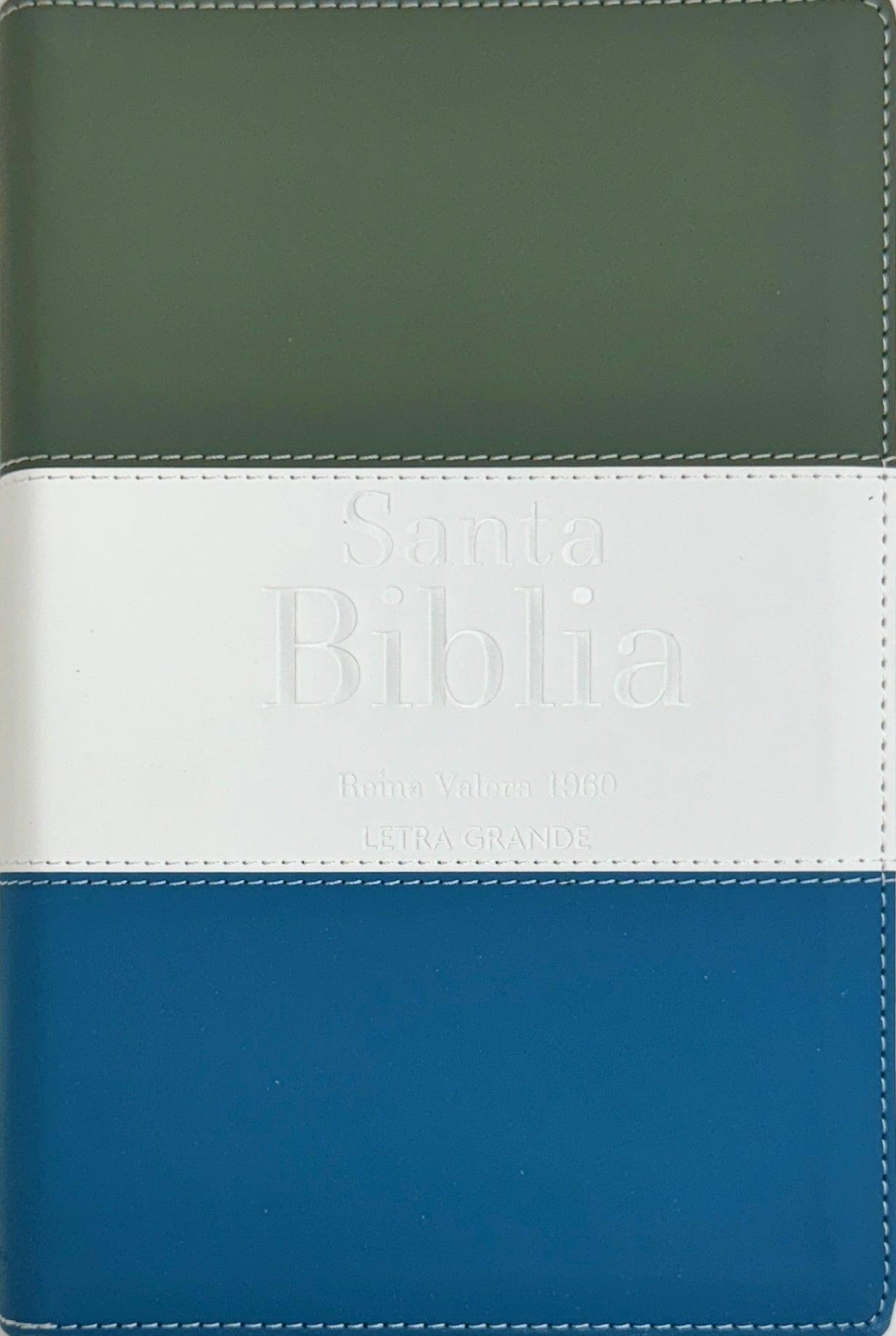 Biblia RVR 1960 Letra Grande Tamaño Manual Tricolor Gris Crema Azul con Cierre e Índice
